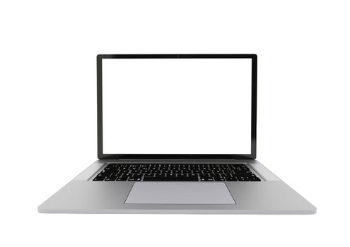 Silver laptop isolated, modern computer with white screen, isolated on white background.