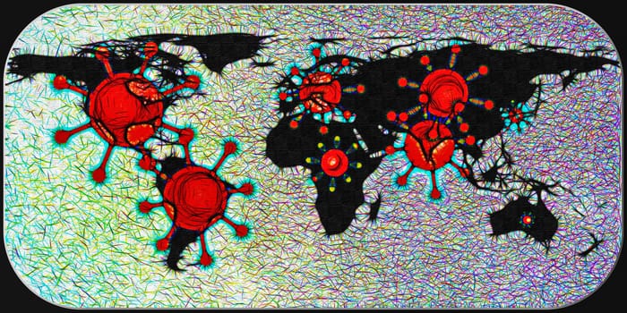 3D-Illustration of a world map showing corona virus hotspots in the USA, Brazil, India, Europe and russia with a medical protection mask