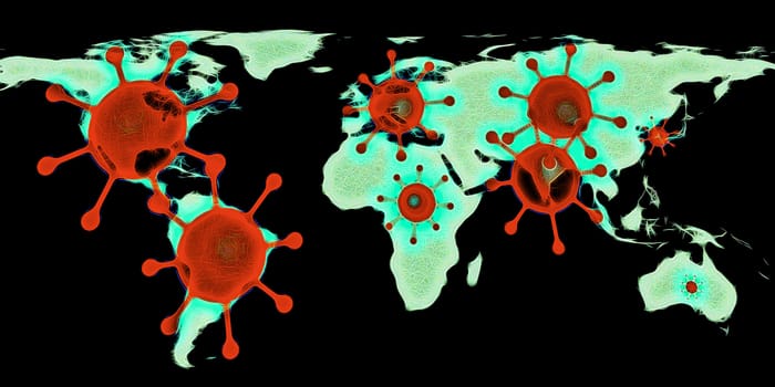 3D-Illustration of a world map showing corona virus hotspots in the USA, Brazil, India, Europe and russia with a medical protection mask