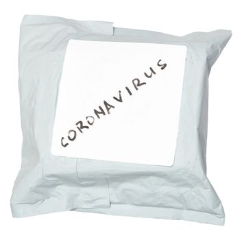 small packet parcel from china with label coronavirus on it - isolated on white background.