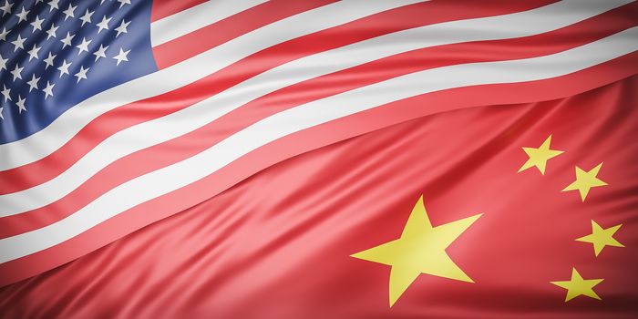 Beautiful American and china Flag Wave Close Up on banner background with copy space.,joining together concept.,3d model and illustration.