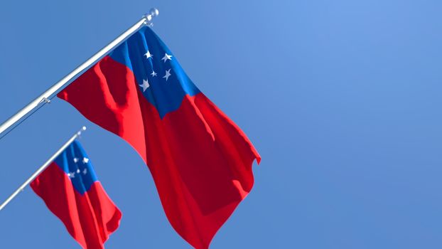 3D rendering of the national flag of Samoa waving in the wind against a blue sky