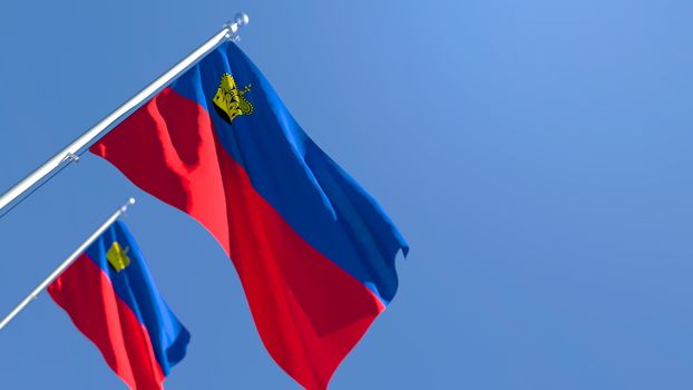 3D rendering of the national flag of Liechtenstein waving in the wind against a blue sky