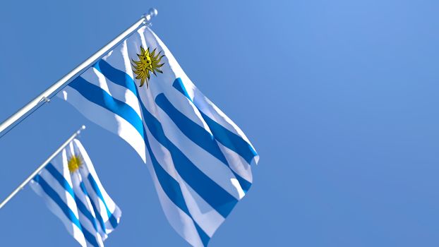 3D rendering of the national flag of Uruguay waving in the wind against a blue sky