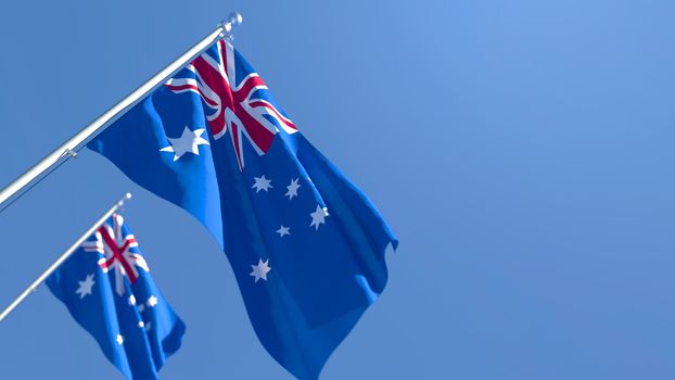 3D rendering of the national flag of Australia waving in the wind against a blue sky