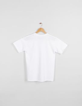 Mockup blank back white T-shirt hanging isolated on gray background.