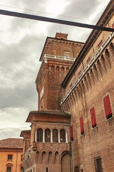 Detail of Ferrara's castle in Italy, an example of medieval architecture in the historical italian city