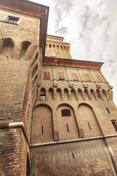 Detail of Ferrara's castle in Italy, an example of medieval architecture in the historical italian city