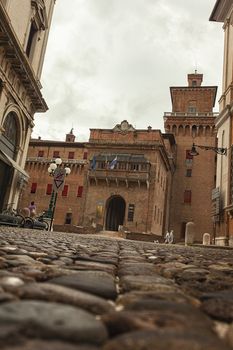 FERRARA, ITALY 29 JULY 2020 : View of the castle of Ferrara from the street in front of it