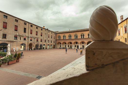 FERRARA, ITALY 29 JULY 2020 : Piazza municipale in Ferrara, a famous square in the historical city center of the Italian city