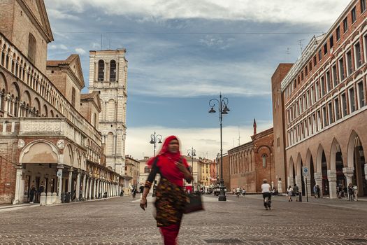 FERRARA, ITALY 29 JULY 2020 : Trento Trieste square view in Ferrrara in Italy