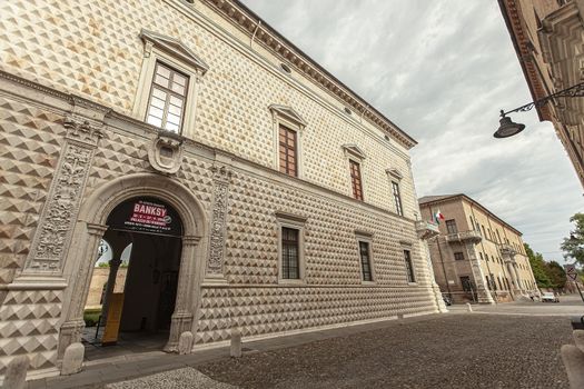 FERRARA, ITALY 29 JULY 2020 : View of Palazzo dei Diamanti in Ferrara in Italy a famous historical building in the Italian city