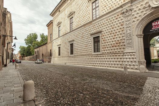 FERRARA, ITALY 29 JULY 2020 : View of Palazzo dei Diamanti in Ferrara in Italy a famous historical building in the Italian city