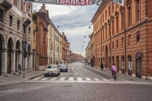 FERRARA, ITALY 29 JULY 2020 : FStreet Traffic in Ferrara a famous Italian historical city