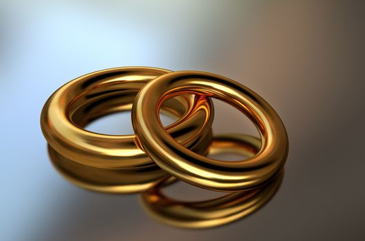 3D illustration in the form of two gold rings as a symbol of marriage