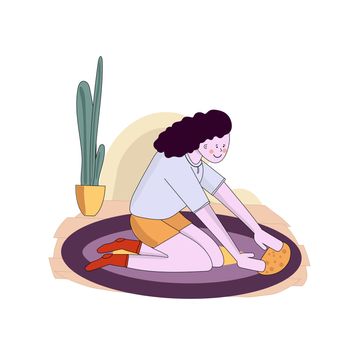 kid helping parents with home cleaning, little girl washing and cleaning carpet and floor. illustration cartoon style