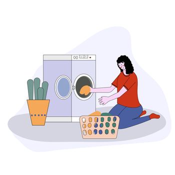 woman doing laundry putting dirty clothes on washing machine from basket. illustration cartoon style
