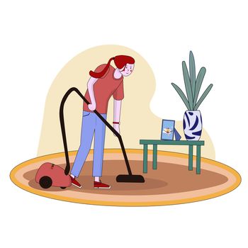 Housewife vacuuming home with a vacuum cleaner. Pretty woman doing domestic work. Cartoon character. illustration.