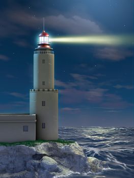 Lighthouse at night over a dramatic seascape. Digital illustration.