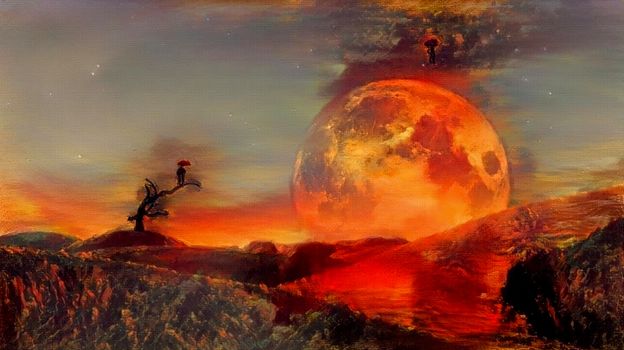 Vivid abstract painting. Red moon at the horizon