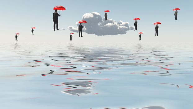 Floating Men with Red Umbrellas