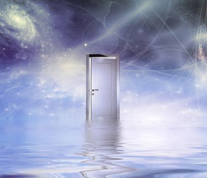Surrealism. White door symbolizes portal to another dimension