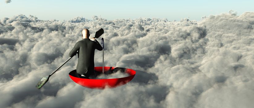 Surrealism. Man in a suit with paddle floats in red umbrella on clouds.
