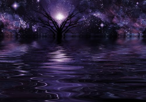 Deep Purple Fantasy Landscape. Mystic tree in the water