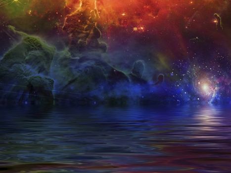 Surreal Sea. Nebula and galaxy in vivid sky