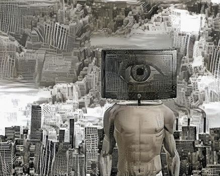 Man with TV screen instead of head. City skyline on background