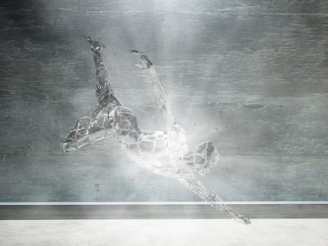 Motion glass man figure radiates light rays.