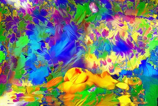 Ornate painting in vivid natural colors. Reclining woman