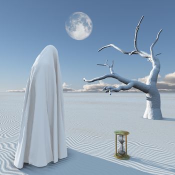 Figure in white hijab stands in surreal white desert. Hourglass.
