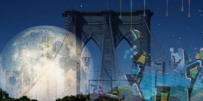 Surreal digital art. Brooklyn bridge and New York's cityscape. Giant moon and paint drops.