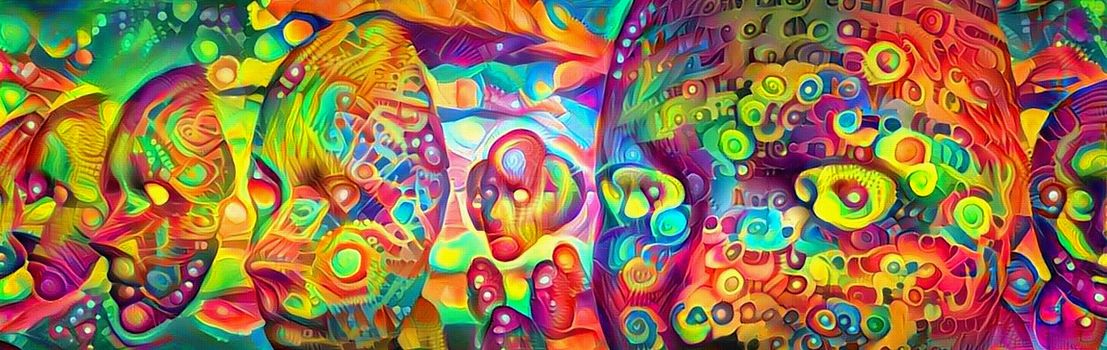 Surreal painting in bright colors. Fabulous faces