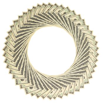 cash circle made of hundred dollar banknotes isolated on white background for cash loop symbol.