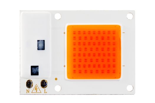 230V LED COB chip on board unit isolated in white background in flat lay perspective