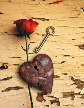 Surrealism. Red rose and rusted heart with metal patches and keyhole. Golden key.