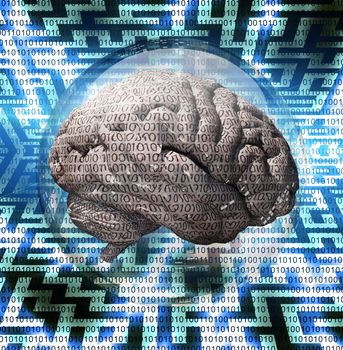 Human Brain with binary code contained inside glass sphere. Maze background