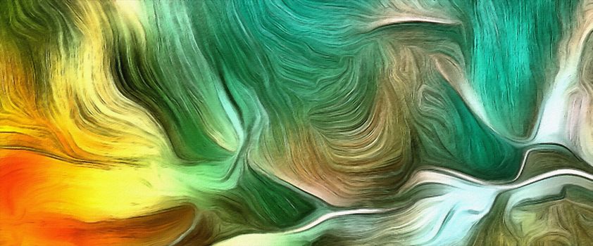 Fluid lines of color movement. Green and yellow colors mostly. 3D rendering