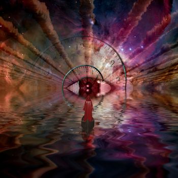 Figure in red robe floating to God's eye in space tunnel