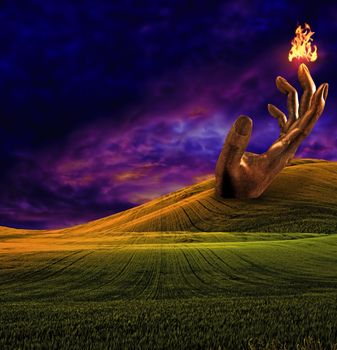 Surreal landscape with giant sculpture of hand and fire
