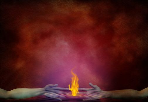 Human hands holds burning fire on the surface of the water