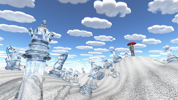 Surreal desert with chess figures man with red umbrella and nearly identical clouds.