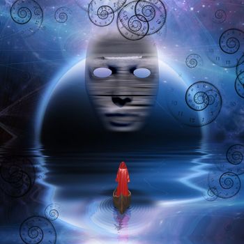 Surrealism. Figure in red cloak floats in boat. Spirals of time. Mask and blue planet at the horizon.