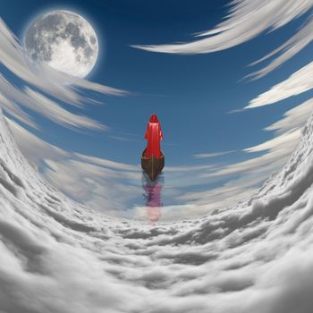 Figure in red robe floating to fulll moon in clouds