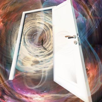 The white door, man in a space tunnel