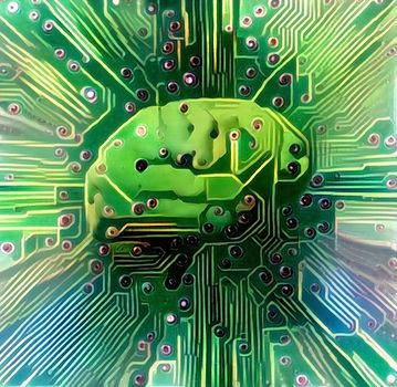 Electronic brain. Sci-Fi painting in green colors