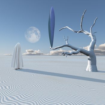 UFO in surreal white desert. Human figure covered by cloth