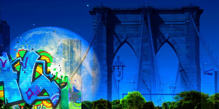 Surreal digital art. Brooklyn bridge. Giant moon in the sky